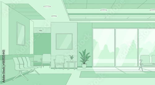 Minimalist Clinic Waiting Area Illustration With Modern Furniture, Windows, and Plants