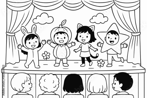 Children's coloring book - Children performing on stage in costumes during a school play  