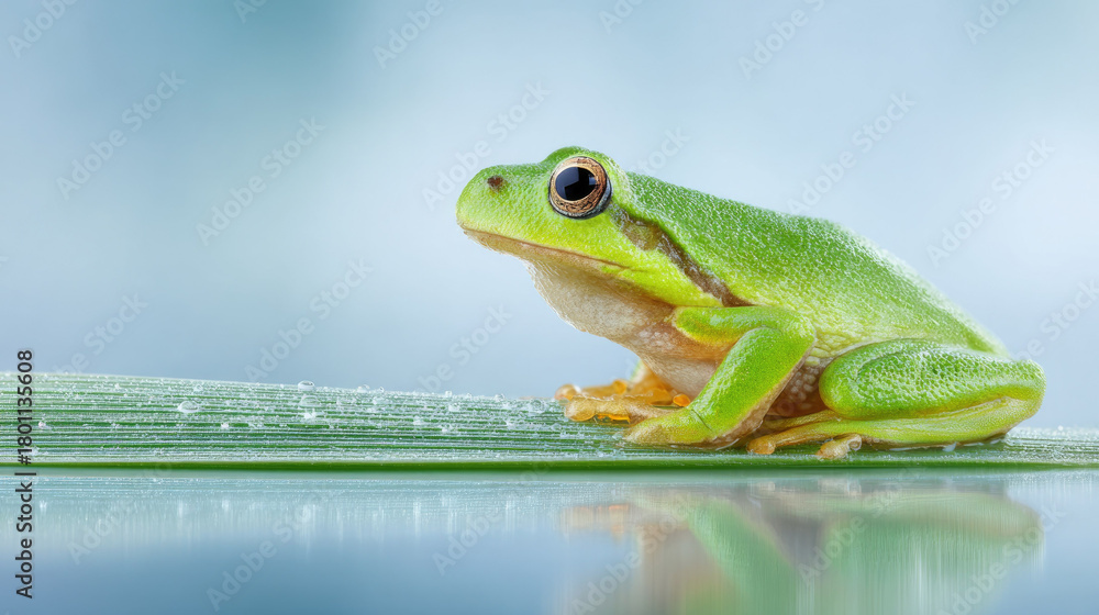 Obraz premium Green tree frog on leaf with water drops and reflection