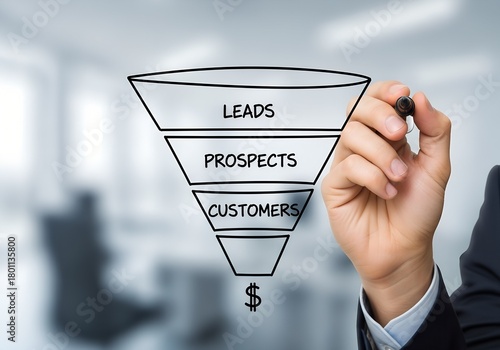 Hand drawing sales funnel diagram with leads, prospects, and customers, showing marketing strategy and business conversion