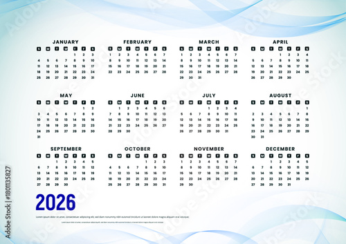 Abstract blue Waves Calendar 2026 year. Sunday first, two weekends. Simple calender layout. Desk planner template with 12 months. Yearly diary