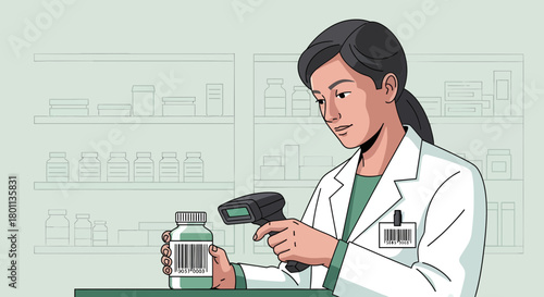 Woman Checking Pharmacy Items Using Barcode Scanner in a Clinical Setting