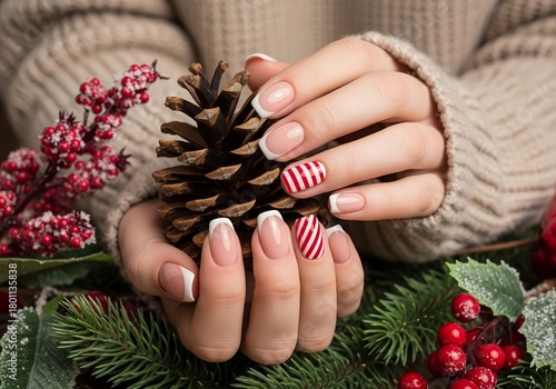Hands holding pine cone with festive decorations and holiday nail art, showing Christmas beauty and winter style