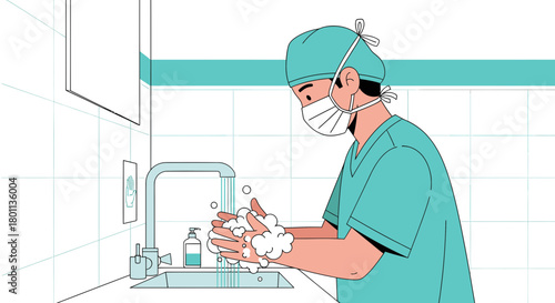 Medical Professional Washing Hands in a Sterile Environment, Sanitation and Hygiene
