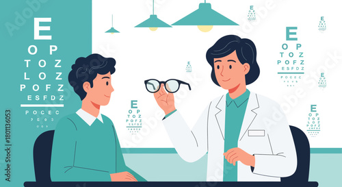 Optometrist And Patient Illustration: Eye Exam Scene Depicting Vision Care, Glasses, and Health