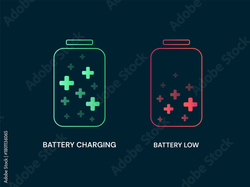 Electric Vehicle Dashboard UI with Minimalist energy plus in Battery Storage outline symbols charging, battery low status vector design concept. Battery charging dashboard for ui, ev car, infographic.