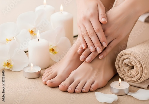 Hands and feet in spa setting with candles, flowers, and towel, showing wellness, beauty, and self-care