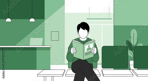 Patient Awaiting Appointment, Modern Interior Reading, Medical Illustration, Green Tones