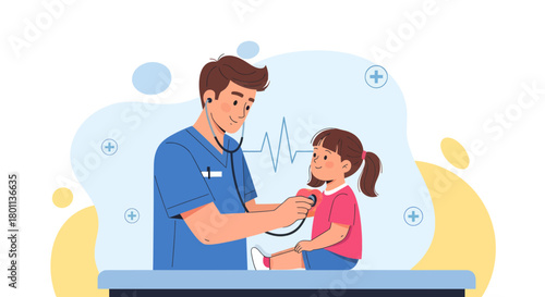 Pediatrician Examining Little Girl's Heartbeat In A Medical Office For Health Checkup