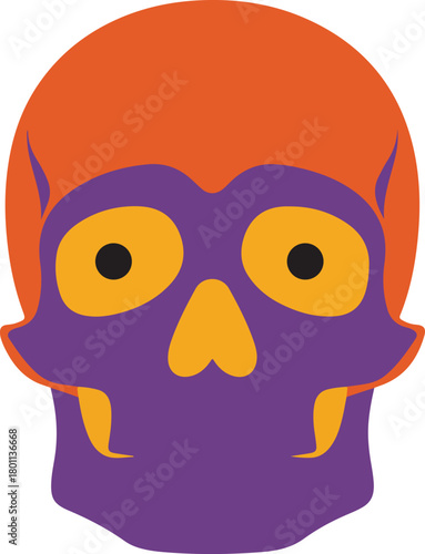 Colorful vector skull with orange cranium and purple face featuring yellow eyes and small fangs
