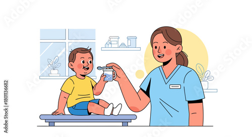 Pediatrician Giving Medication to a Boy in a Medical Examination Room Setting