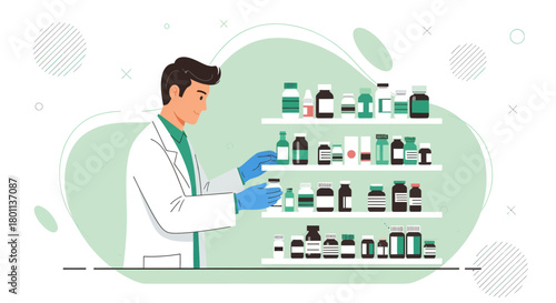 Pharmacist Assisting With Medications Available In A Pharmacy or Medical Establishment Display