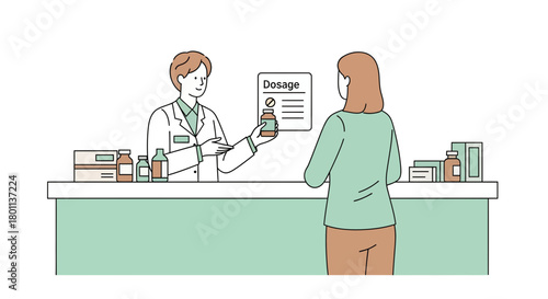 Pharmacist Explaining Medication and Dosage to a Patient at the Pharmacy Counter