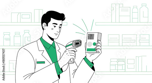 Pharmacist Scanning Medication Packaging for Inventory Control and Tracking Processes