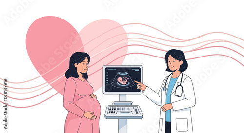 Pregnant Woman Undergoing Ultrasound Exam With Doctor Explaining Fetal Development
