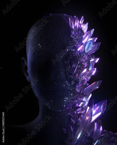 A dark, surreal digital artwork of a humanoid figure whose face is partially transformed into glowing crystal structures. The right side of the head is embedded with sharp, luminescent purple crystals