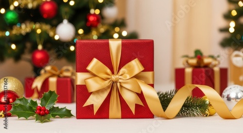 Festive Red Gift Box with Gold Ribbon and Christmas Tree Bokeh, Present, Bow, Holiday