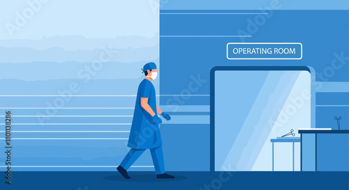 Surgeon Walking Towards Operating Room Ready To Perform a Medical Procedure