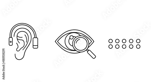 Icons representing hearing, sight, and touch, symbolizing sensory perception and awareness.