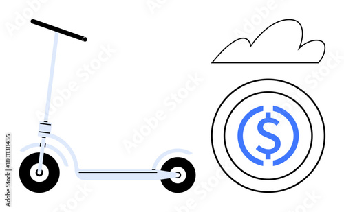 Minimalist electric scooter next to cloud and dollar coin. Ideal for eco-transportation, urban mobility, cost-saving, rental services, clean energy, technology, sustainable future. Simple flat
