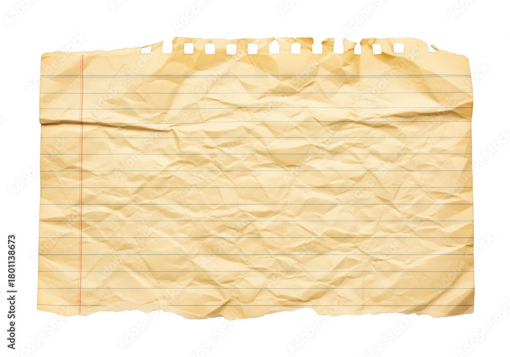 Fototapeta premium Torn piece of lined paper, showing wrinkles and aged texture