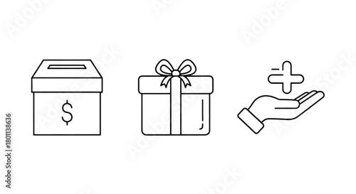 Donation box, gift box, and hand offering a plus sign icon representing charity and giving