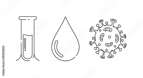 Medical icons representing blood test, droplet, and virus for scientific research and healthcare.