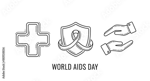 Medical symbols for health awareness and support, including a cross, shield with ribbon, and helping hands.