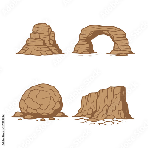 Desert rock cartoon vector set collection, stone canyon landscape illustration, brown rock arch boulder dry cliff. western nature environment design element, drought cracked mountain