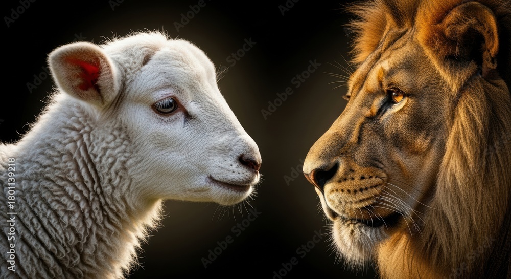 Fototapeta premium Lion and Lamb Confrontation, Predator, Prey, Wild