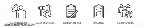 Sales Management Line Icon Set For Web Banner. Vector Illustration Concept With Some Icons. Designed In Line Style