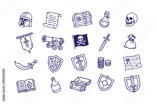 Fantasy game hand drawn line art vector icon set, medieval UI game badge, wooden warrior shield. Magic RPG objects kit, knight weapon, iron helmet, old papyrus, standard illustration