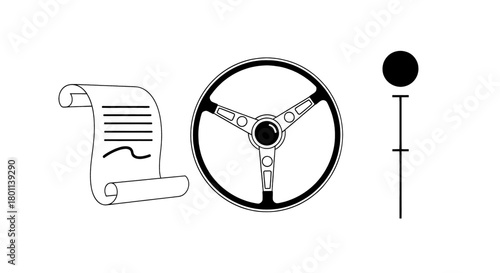 Illustration of a steering wheel, gear shift, and contract for driving lessons or car purchase