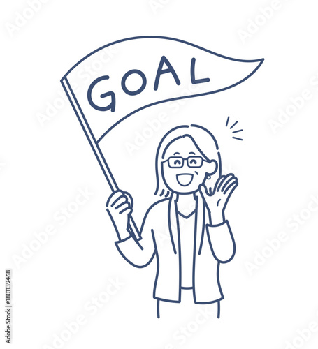 ゴールと書かれた旗を持つ笑顔の40代女性のイラスト　線画のみ