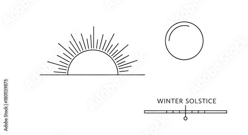 Minimalist graphic illustrating the sun's low arc during winter solstice with a simple celestial orb.