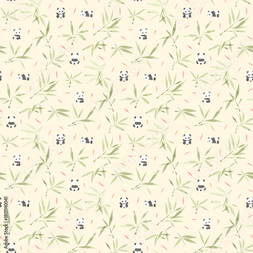 Flower pattern, leaves floral seamless. Small little panda on yellow background. wallpaper pattern. tiny bamboo leaf, cottage core style, design for fashion, fabric, packaging, stationary, textile