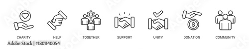 Volunteering Line Icon Set For Web Banner. Vector Illustration Concept With Some Icons. Designed In Line Style