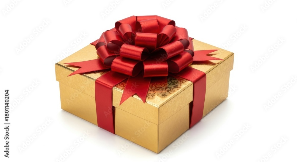 Obraz premium Gold Gift Box with Red Ribbon and Bow on White Background, Present, Golden, Celebration