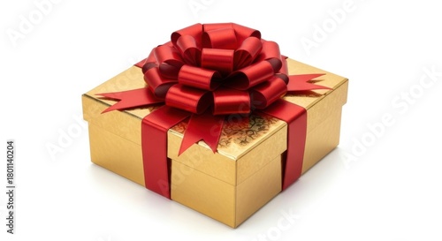Gold Gift Box with Red Ribbon and Bow on White Background, Present, Golden, Celebration