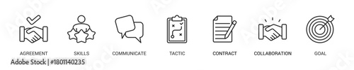 Negotiation Line Icon Set For Web Banner. Vector Illustration Concept With Some Icons. Designed In Line Style