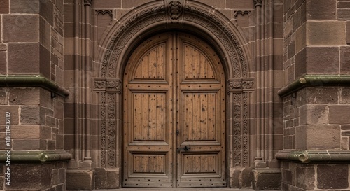 Ornate Wooden Door Arched Entrance with Stone Architecture, Old door, Arched doorway, Stone facade