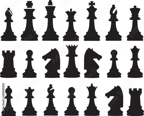 Chess Silhouette: The game's pieces are displayed in stark black and white, capturing the elegance of this timeless competition 
