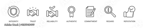 Credibility Line Icon Set For Web Banner. Vector Illustration Concept With Some Icons. Designed In Line Style