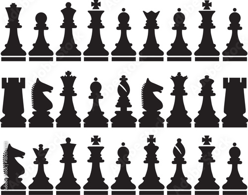 Strategic chess pieces lineup: A striking monochrome array of chess pieces poised for battle, presenting a visual representation of strategy, intelligence, and classic board game