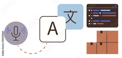 Microphone, language icons, coding interface, and boxes signify communication, AI, programming, logistics, translation automation and technology. Ideal for globalization tech tools and simple