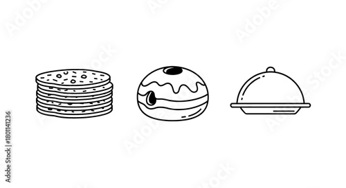Simple line art icons depict a stack of flatbread, a decorated donut, and a covered serving dish.