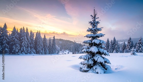 A serene winter scene with snow-covered evergreens under a vibrant sunrise sky, creating a peaceful, cold landscape