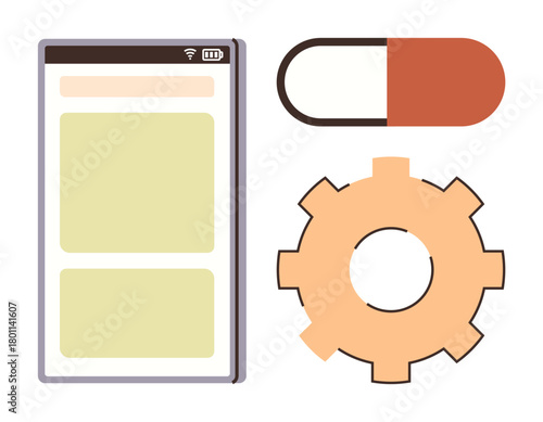 Mobile screen layout, capsule, and gearwheel portraying digital transformation in healthcare, innovation, and system optimization. Ideal for health apps, tech solutions, operations, analysis