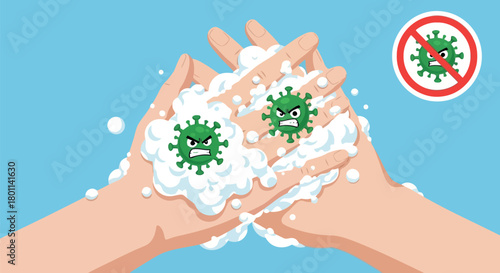 Hands washing with soap and water to fight cartoon virus characters foam on transparent background