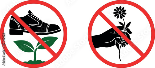 Prohibition signs for not wearing shoes on plants and not picking flowers symbol no shoes on transparent background
